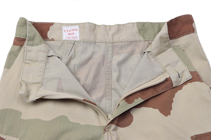 Original French Military F2 desert camo pants with reinforced knees and durable cotton blend fabric, designed for rugged outdoor use.