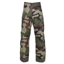 Original French military rain pants in CCE camo, waterproof trilaminate material with braces for outdoor protection.