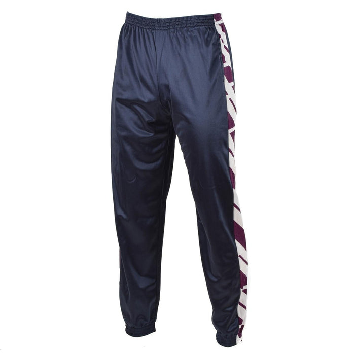 Pantalon de survêtement militaire français rétro bleu marine avec taille élastique et panneau latéral rayé pour la course et la randonnée.