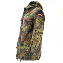 Original German army Flecktarn camouflage parka with hood, liner, multiple pockets, and German flag patch on sleeve.