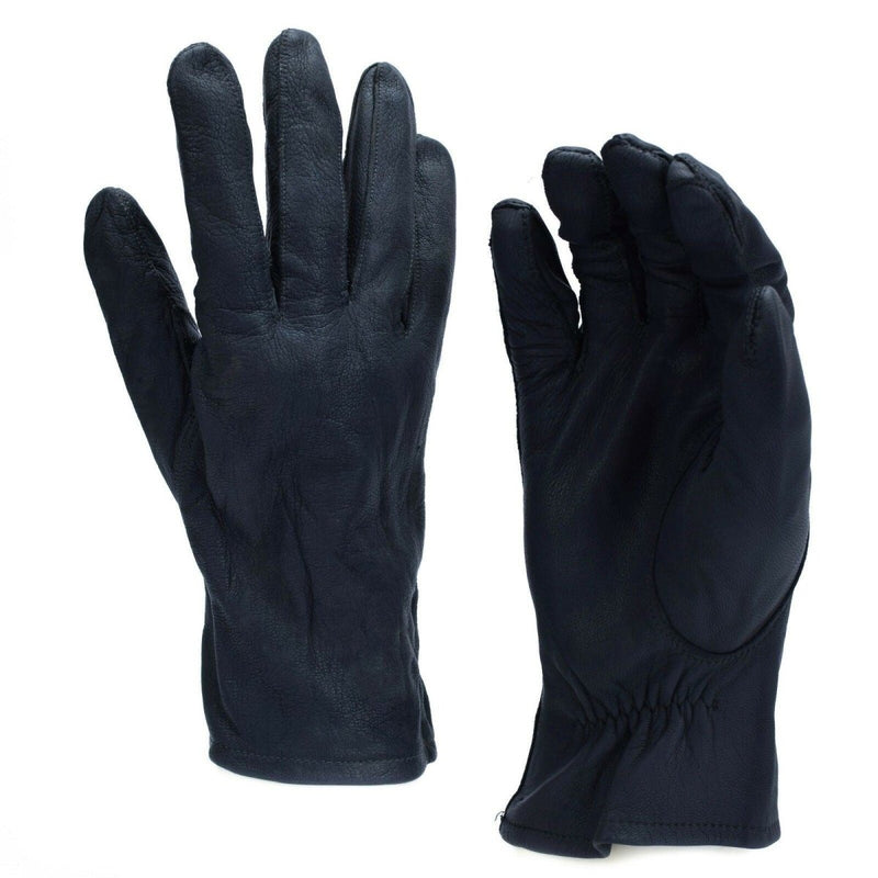 Pair of black genuine leather gloves designed for durability and tactical use with elastic wristbands