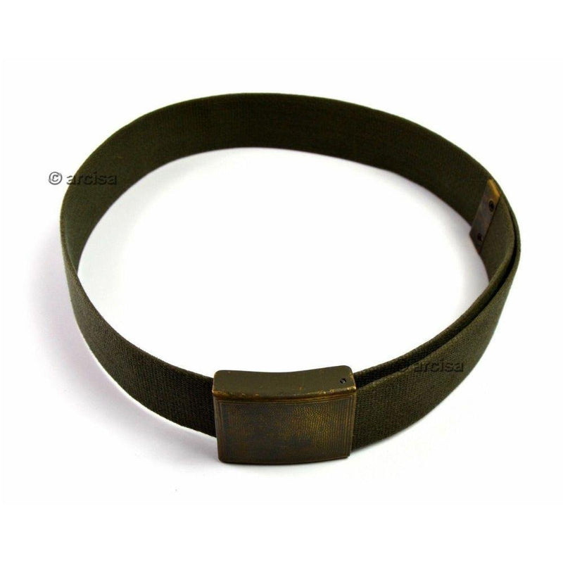 Original German army military suspenders belt in olive green heavy-duty webbing with sturdy metal buckle for durability.