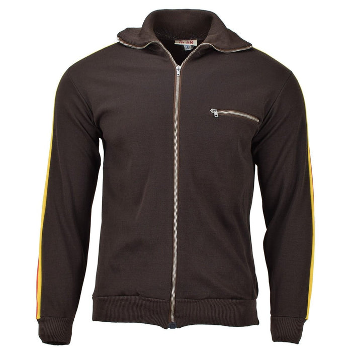 Veste de sport NVA originale de l'armée allemande marron avec fermeture éclair complète, manches rayées et poignets et taille élastiqués.