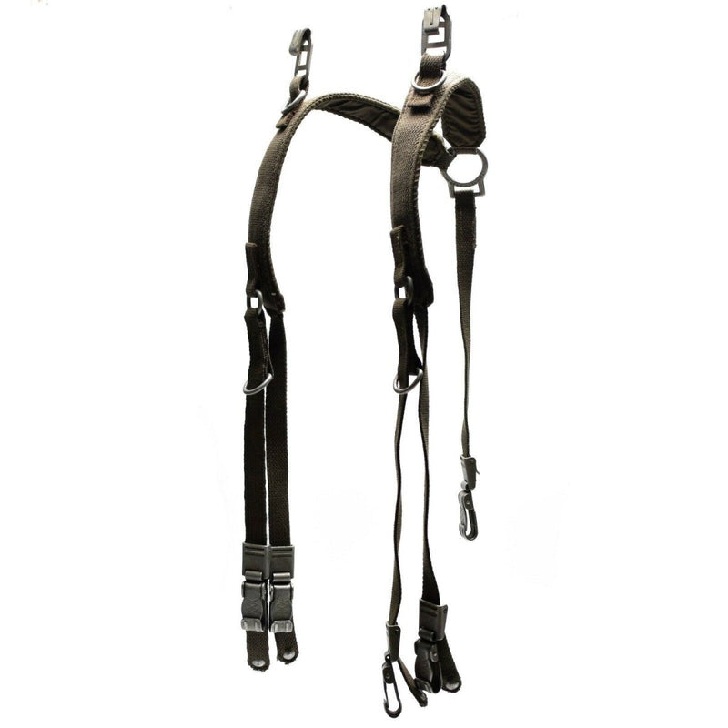 Original German Army Y-strap suspenders harness with metal clips for tactical belt and gear support