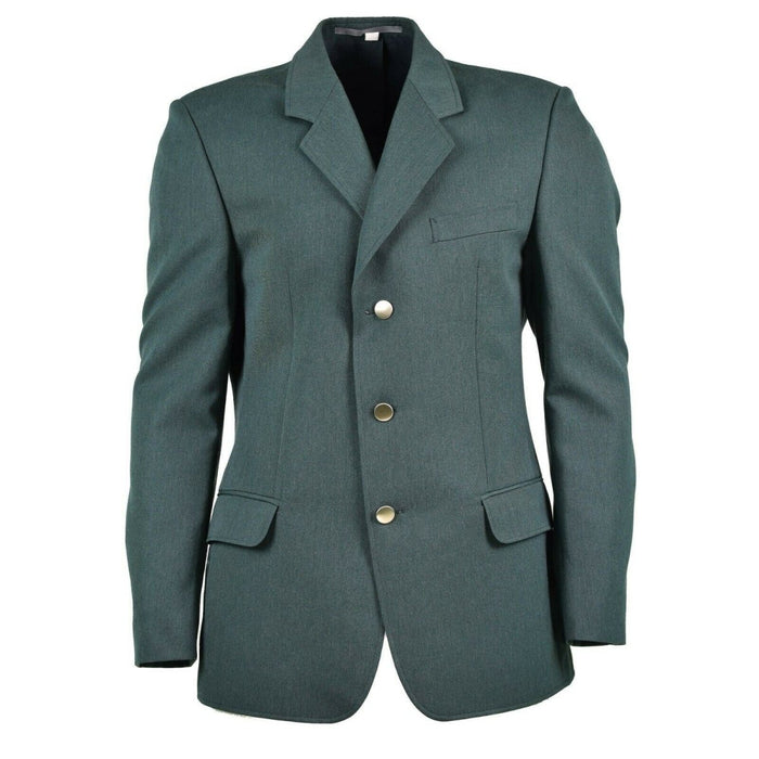 Veste habillée originale de la police allemande en vert avec des boutons argentés, plusieurs poches et une doublure confortable pour un usage formel.