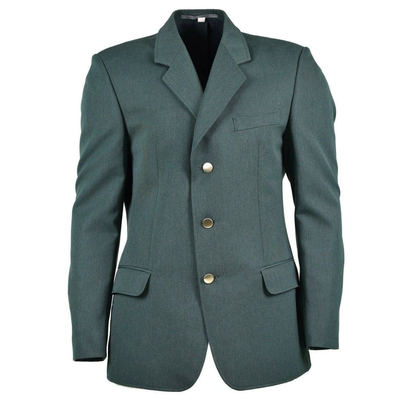 Original German police dress jacket in green with silver buttons, multiple pockets, and a comfortable liner for formal use.