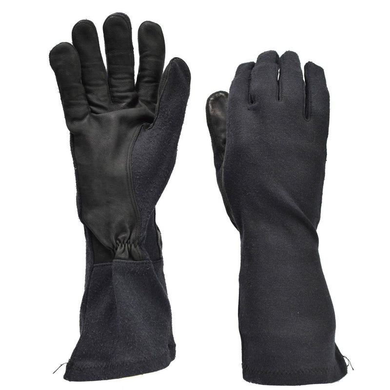 Original German Army black aramid long gloves with leather palms, heat resistant and tactical fire protection.