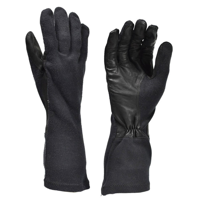 Gants tactiques originaux en aramide noir résistant à la chaleur de l'armée allemande avec paumes en cuir et protection étendue de l'avant-bras