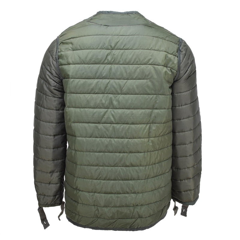 Back view of Original Greek Army M65 quilted liner jacket in green, designed for warmth and military durability.