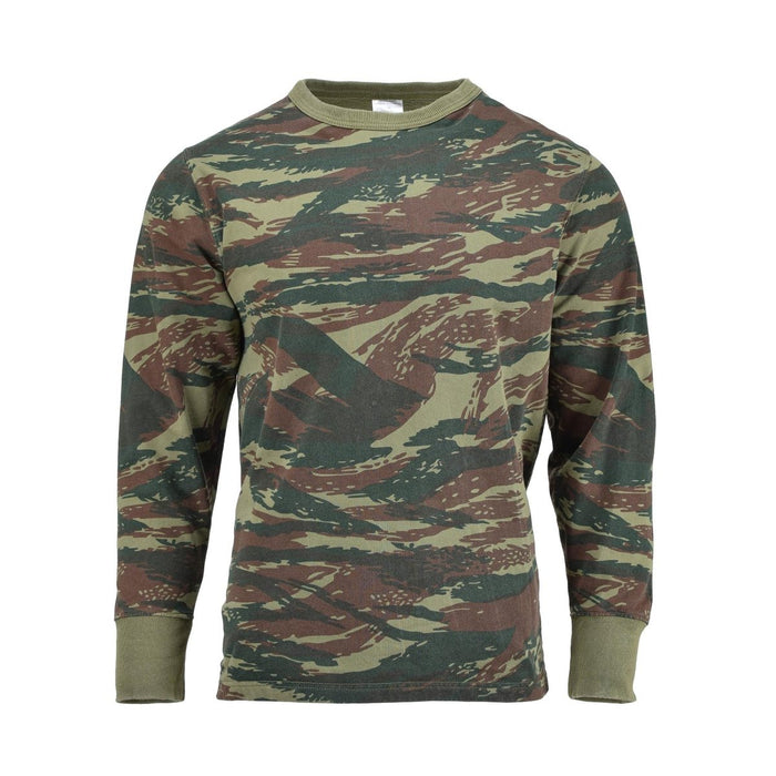 Sweat-shirt militaire grec avec motif camouflage lézard, tissu extensible, poignets élastiques et col rond pour plus de confort et de durabilité.