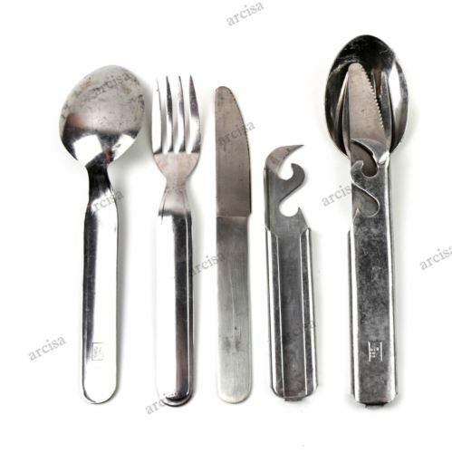 Couverts militaires hongrois originaux de 4 pièces avec cuillère, fourchette, couteau et ouvre-boîte en acier inoxydable pour une utilisation en extérieur.