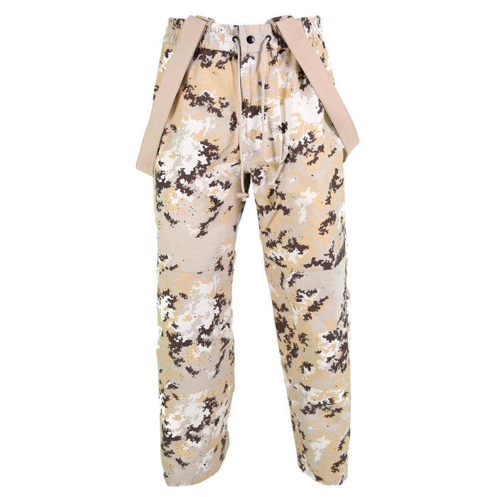 Pantalon de pluie à bretelles camouflage désert original des forces aériennes italiennes avec bretelles réglables et tissu polyamide durable.
