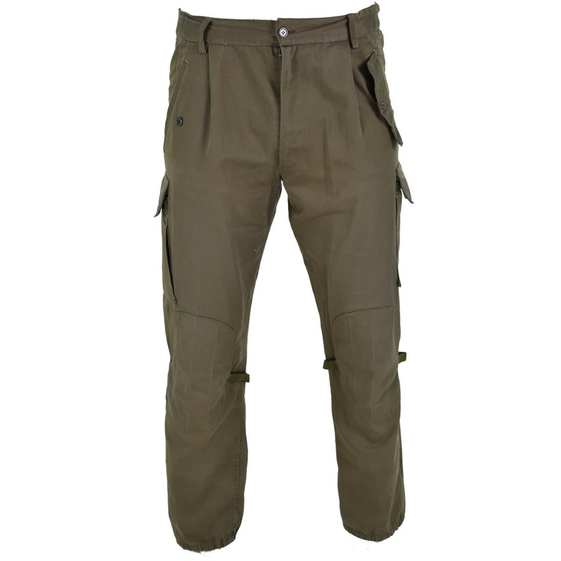 Original Italian army combat trousers in olive drab with reinforced knees and multiple cargo pockets for durability and utility.