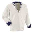 White Italian navy middy shirt with long sleeves and traditional sailor collar detailing in navy blue