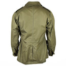 Back view of original Italian army olive green military BDU jacket with reinforced elbows and epaulets