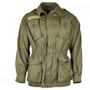 Original Italian army olive green military BDU jacket with four pockets, epaulets, reinforced elbows, and adjustable cuffs.