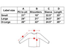 Size chart showing pit to pit, shoulder, sleeve, and length measurements for small, large, and extra-large sweaters