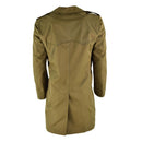 Vintage original Italian army khaki blue trenchcoat raincoat shown from back with military design details