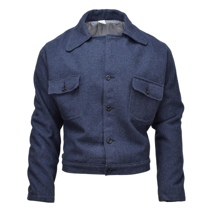 Veste en laine bleue de style Ike vintage de l'armée italienne originale avec poches boutonnées et design uniforme ajusté
