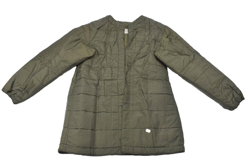 Italian military air force quilted liner jacket in olive green, designed for warmth and durability.