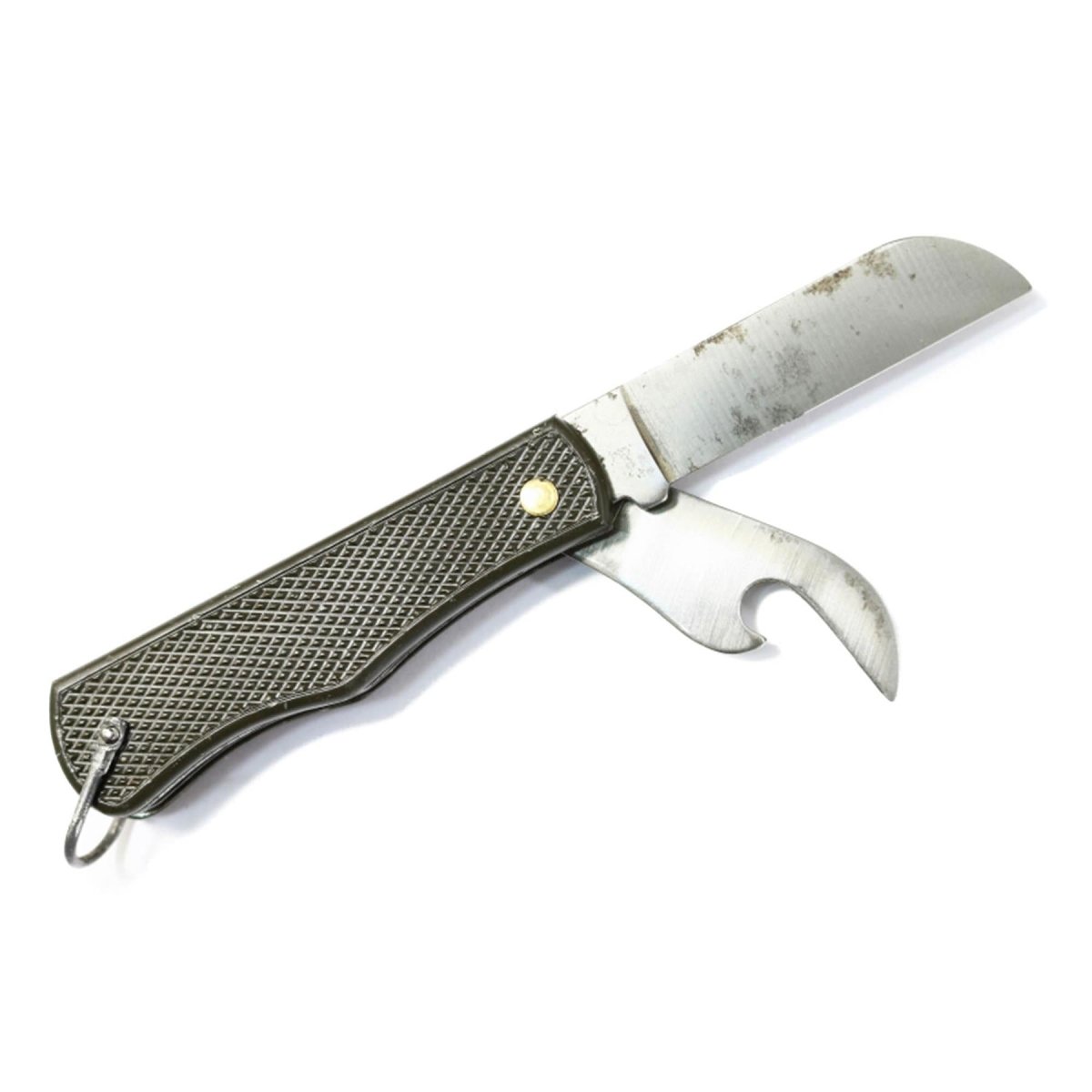 Couteau de poche militaire italien original ouvre-boîte pliant manche en plastique olive