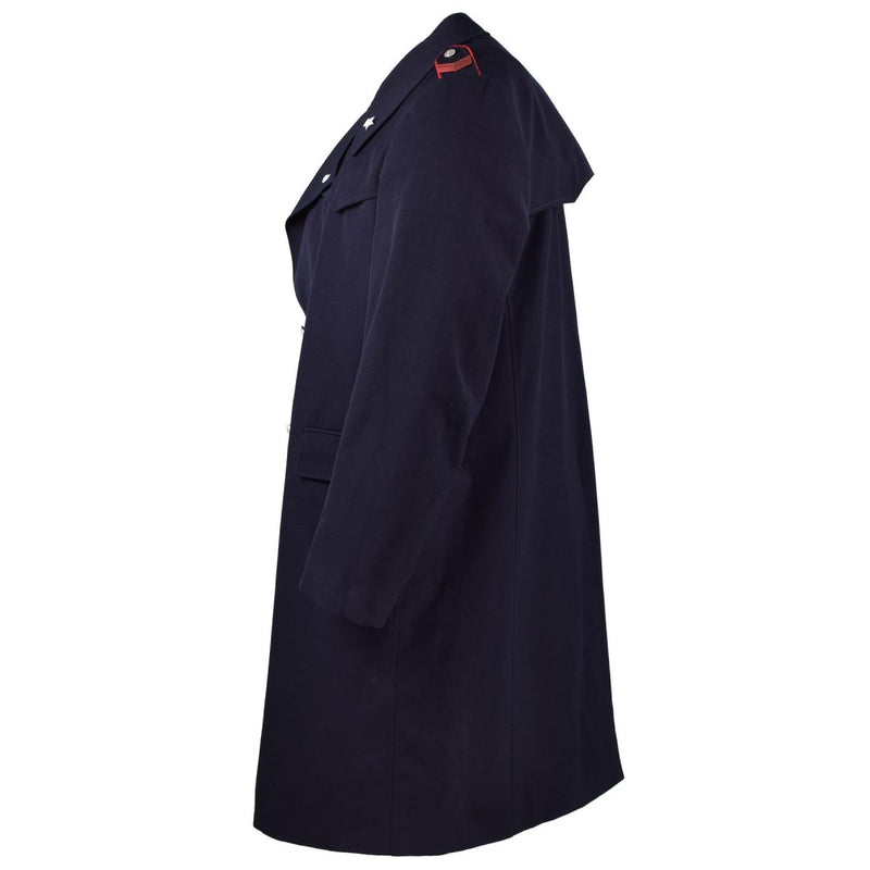 Side view of a vintage original Italian Military Police long blue trench coat with liner and silver buttons