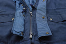 Close-up of navy waterproof trilaminated parka jacket with zipper and snap buttons, vintage Italian Navy design.