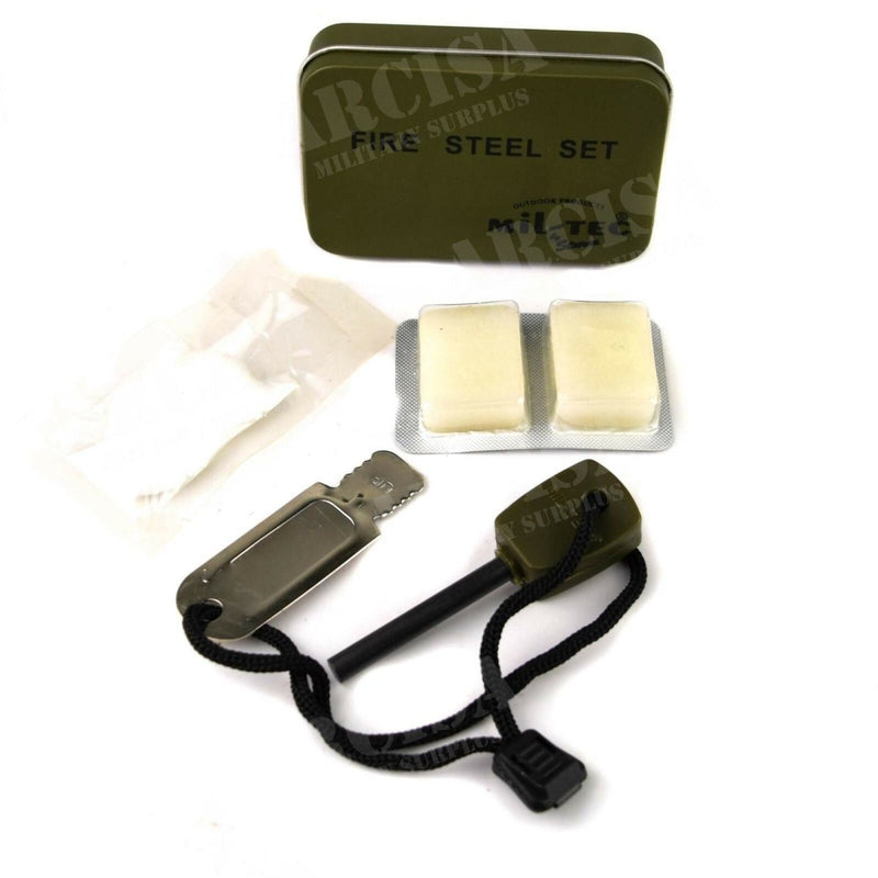 Mil-Tec fire starter kit with fire steel, striker, tinder bars, and olive green storage tin for survival use