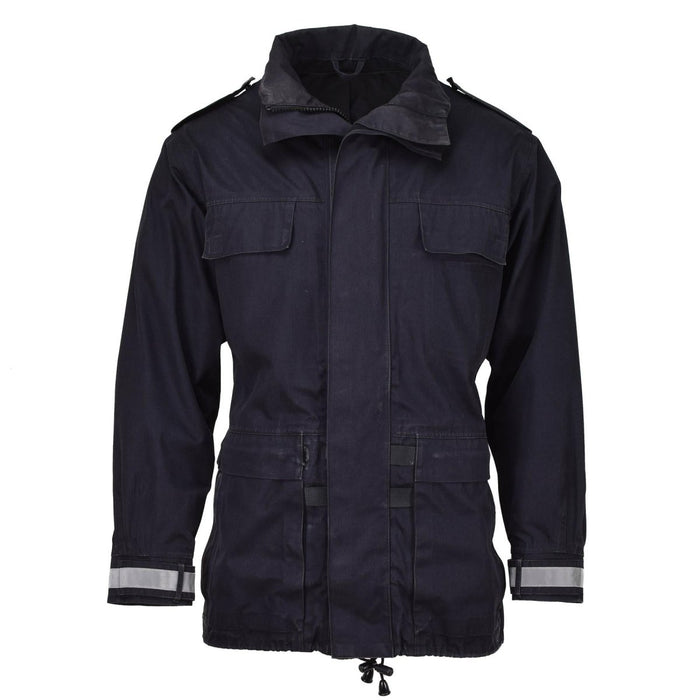 Veste de pluie militaire noire originale, parka imperméable avec poignets réfléchissants et coupe réglable pour une protection contre la pluie