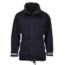 Original military Dutch black waterproof rain jacket parka with reflective cuffs and adjustable fit for wet weather.