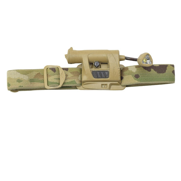 Camouflage belt with tactical light on a white background