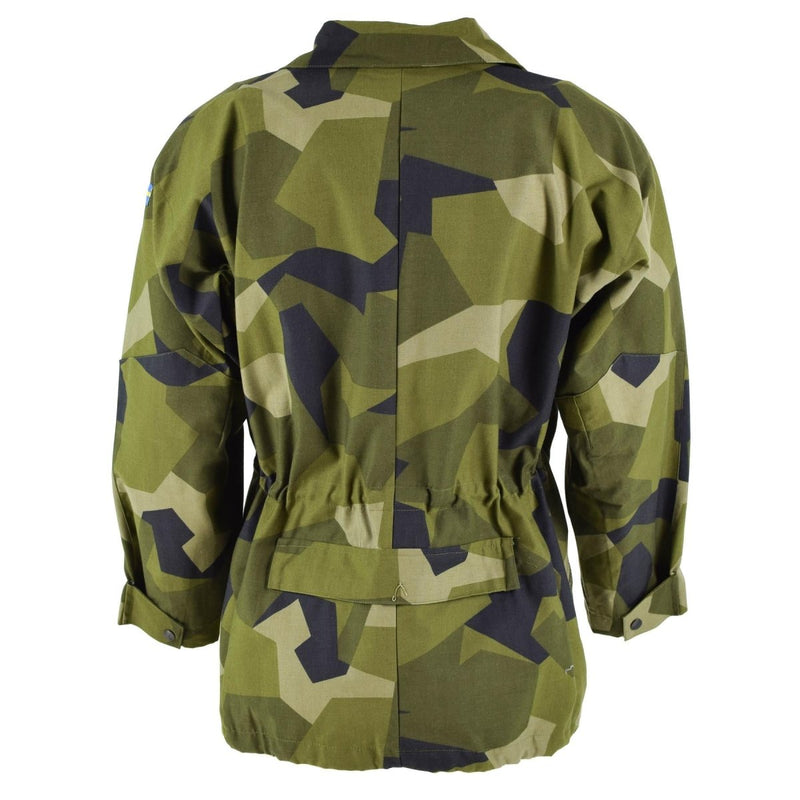 Back view of Original Swedish army M90 splinter camo jacket with adjustable waist and military field design