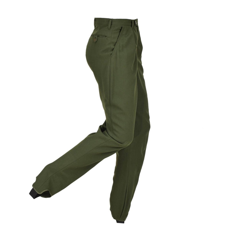 Original Swedish military green pleated front formal pants with stirrup design, durable polycotton blend, and classic fit.