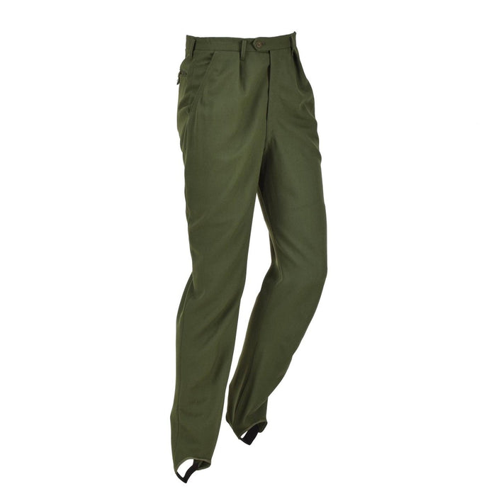 Pantalon formel vert militaire suédois original avec devant plissé et design étrier pour plus de durabilité et de style.