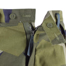 Close-up of Original Swedish Military M90 Splinter camouflage pants zipper and button with durable fabric details