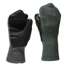 Original Swiss Military gray wool mittens with durable black leather palms for warmth and grip in cold weather.