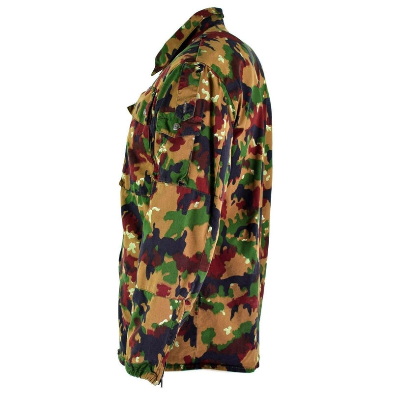 Side view of Original Swiss Army M83 Alpenflage camo combat field jacket with multiple pockets and durable fabric