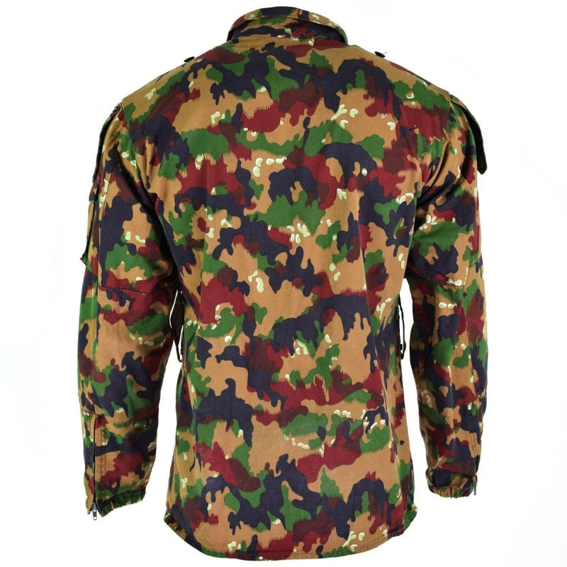 Back view of Original Swiss Army Alpenflage M83 combat field jacket with green, brown, and black camo pattern.