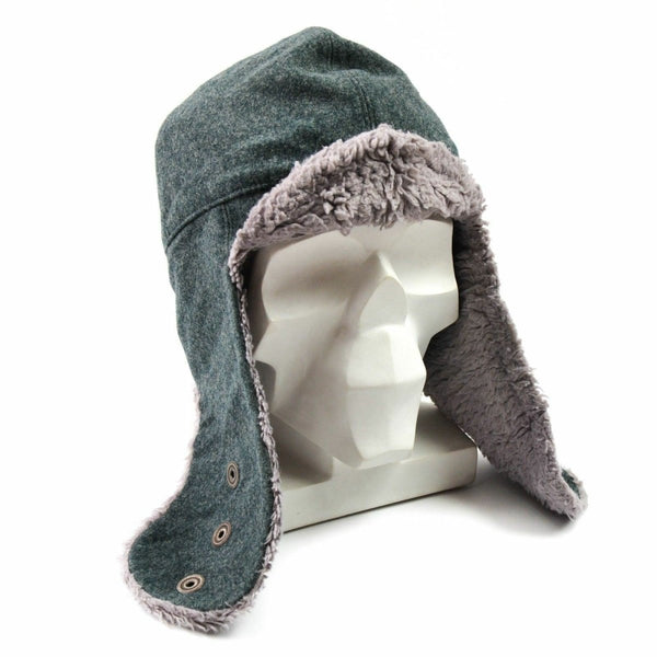 Original Swiss military winter cap in grey wool with faux fur lining and adjustable ear flaps for cold weather protection