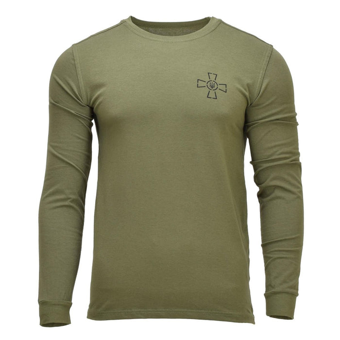 Maillot de corps militaire ukrainien original à manches longues en vert olive avec emblème Tryzub sur la poitrine, coupe durable et confortable