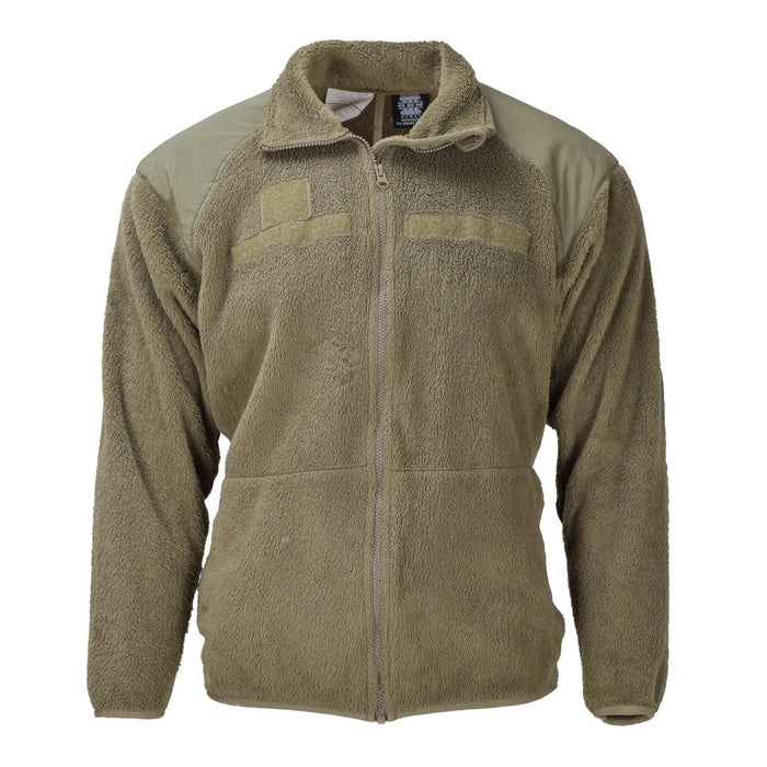 Veste polaire tactique originale pour temps froid de l'armée américaine en olive avec épaules renforcées et fermeture éclair complète sur le devant.