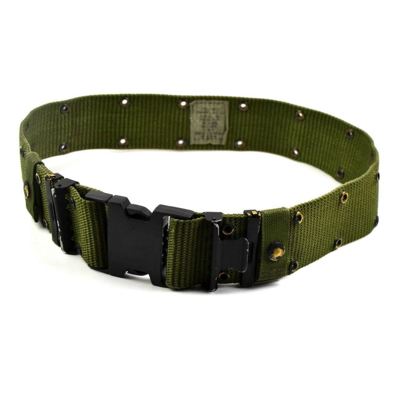 Original U.S. Army LC-2 military green web pistol belt with black metal buckle and reinforced eyelets for secure gear attachment