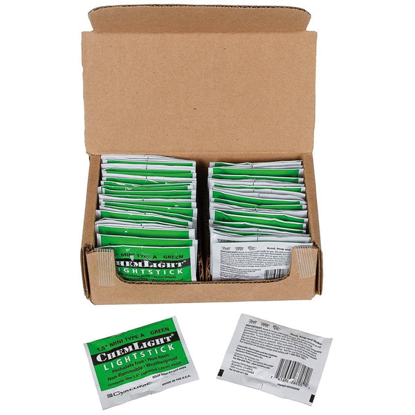 Box of ChemLight lightsticks with two individual packets displayed in front.