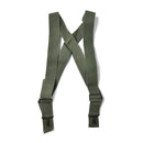 Olive green genuine U.S. military M1950 suspenders with adjustable shoulder harness and metal clips for pants support