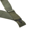 Genuine U.S. military M1950 olive green suspenders with metal clips and adjustable shoulder harness for durable support.