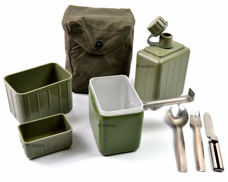 Original Yugoslavian military mess kit with canteen, pot, bowl, cup, spoon, fork, knife, and carrying pouch.