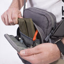 Compact gray Pentagon Kleos 2.5L shoulder bag open with organizer pockets holding wallet and keys