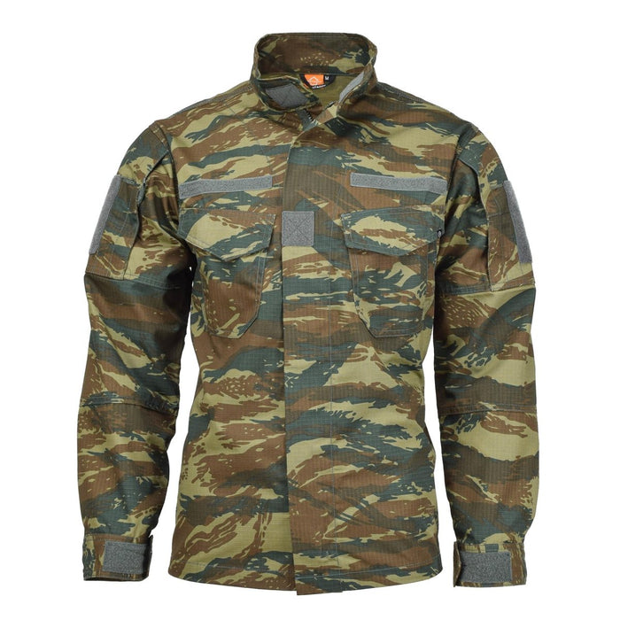 Veste militaire Pentagon Lycos en camouflage lézard de l'armée grecque, tissu ripstop hydrofuge et durable, conception tactique.