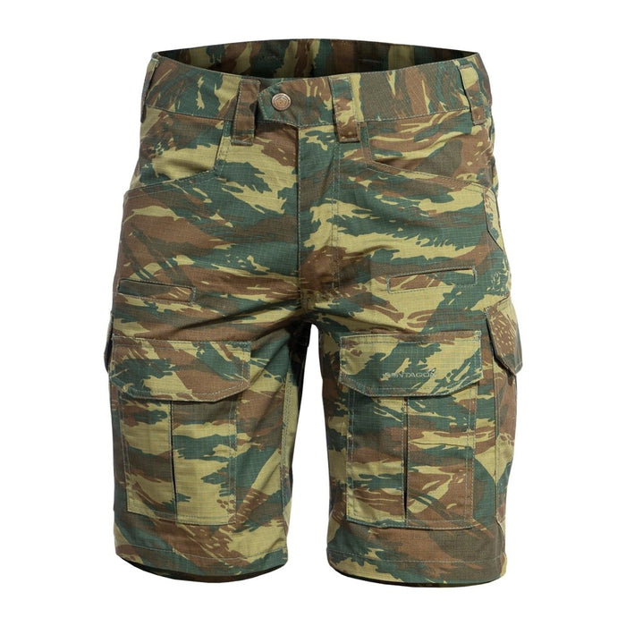 Short cargo PENTAGON Lycos ripstop en camouflage lézard avec poches renforcées et triple couture pour plus de durabilité.