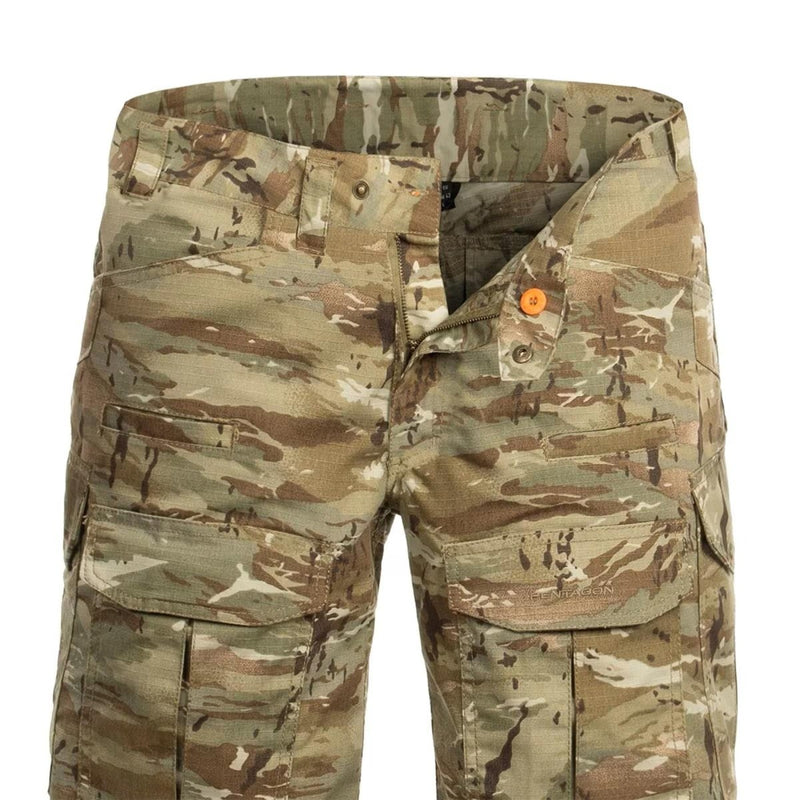 PENTAGON Lycos Ripstop Cargo Shorts in Lizard camouflage with reinforced pockets and triple stitch detailing.